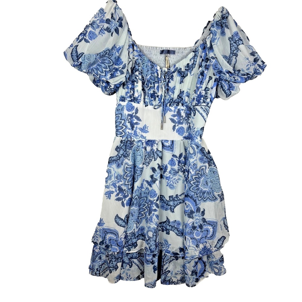 Guess Womens Y2K Puff Sleeve Babydoll Dress Sz M Blue Coquette Cottage Smocked